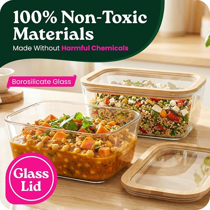 Large Glass Food Storage Containers with Glass Lids & Bamboo Rim – 87 Oz 2 Pack Plastic Free Glass Meal Prep Containers for Lunch, Eco Friendly Airtight Food Storage, Microwave & Oven Safe - Image 2