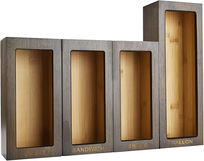 Bamboo Food Bag Organizer for Kitchen Drawer, Baggie organizer, Compatible with Gallon, Quart, Sandwich and Snack Variety Size Bags (4 Piece Set) (Vintage Brown) by CozeeBay