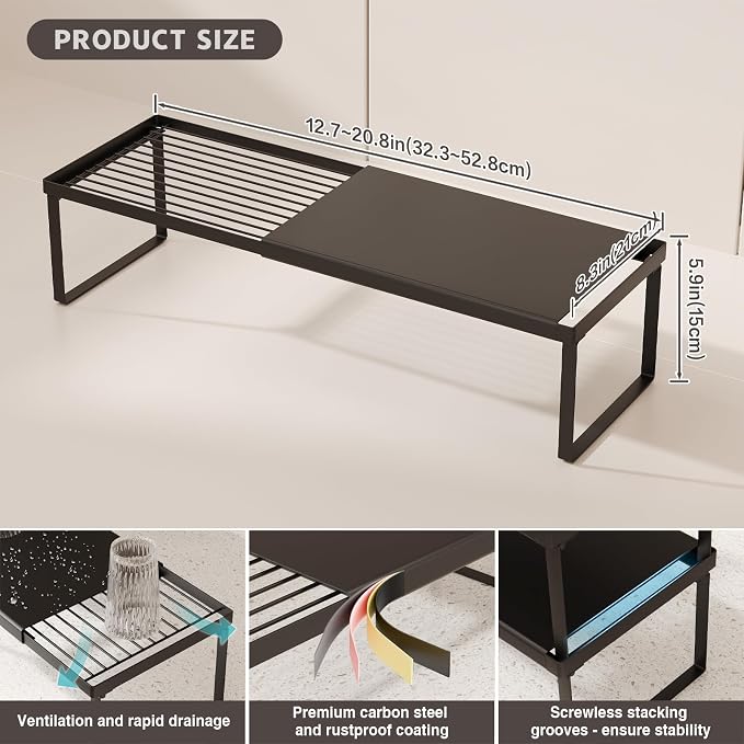 Magheo Expandable Cabinet Shelf Organizer, 1 Pack Stackable Kitchen Counter Shelf Riser, Metal Spice Rack Heavy Duty Countertop Organizer Storage for Kitchen, Pantry, Cupboard, Rv (5.9in Height,Black) - Image 6