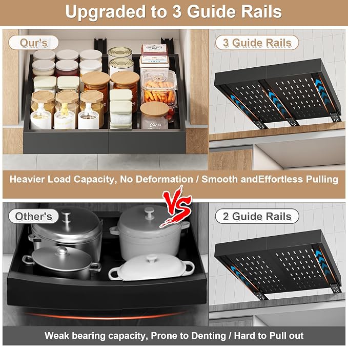 Fokyfok Pull out Cabinet Organizer,11"-16"W,17"-24"D,Expandable,Adhesive | No Drill,3 Rails,Adjustable Slide out Drawers for Kitchen,Pantry,Roll out Shelves,for Cabinets Without Lip,Bathroom,Black,1PC - Image 4