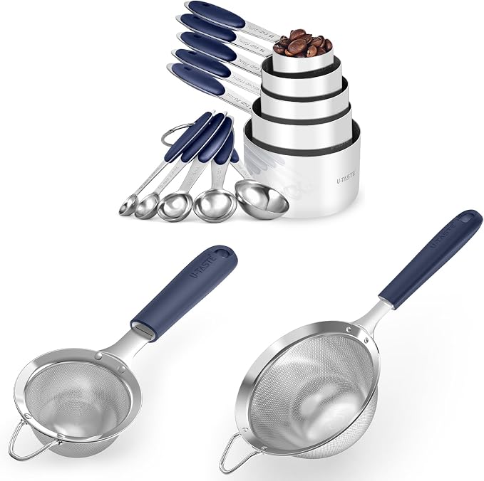 U-Taste 18/8 Stainless Steel Measuring Cups and Spoons (Set of 10, Midnight Blue), and Fine Mesh Strainer with Sturdy Riveted Silicone Handle and Strong Frame (Midnight Blue) by U-Taste