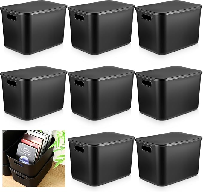 8 Pieces Colorful Storage Bins with Lid, Plastic Storage Basket Organizing Container Stackable Box with Handle for Shelves Desktop Playroom Office(14.2 x 10.2 x 9.5 Inch,Black) by Hoolerry