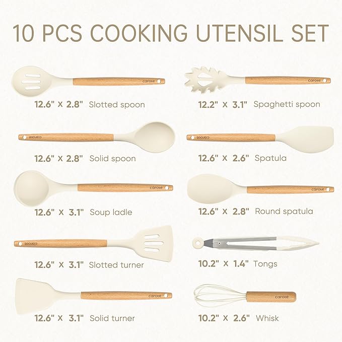 CAROTE 10-Piece Kitchen Utensils Set with Wood Cool-Touch Handles, Cream | Silicone Cooking Utensil, Food Grade, Nonstick Cookware Friendly, BPA-Free, Heat-Resistant, Everyday Home Essentials, Gifts - Image 2