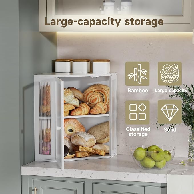 Corner Bread Box for Kitchen Countertop,Bread Storage (White, Extra Large) | Double Layer Large Capacity Bamboo Bread Container Bin with Acrylic Door,Height Adjustable - Image 6