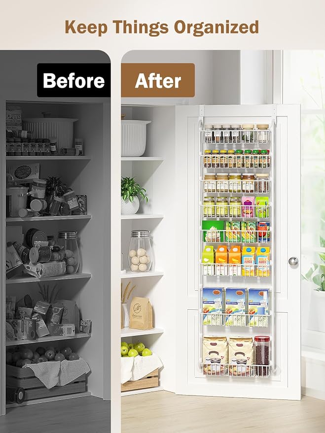Delamu Over The Door Pantry Organizer, 8-Tier Pantry Door Organizers and Storage with Adjustable Basket, Metal Hanging Spice Rack, Seasoning Organizer, Door Organizer for Home Kitchen Bathroom, White - Image 7