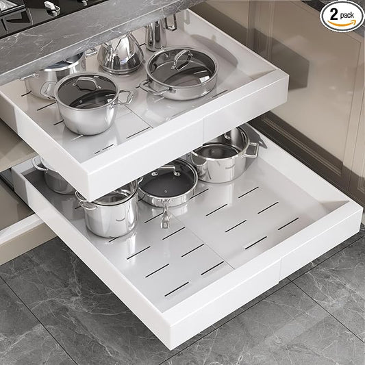 Seinloes 2 Pack Pull Out Cabinet Organizer 24" Deep,Full Extension 3 Slide Rails Slide Out Drawers With Raising Pad for Framed Cabinets,Expandable Width (12.3"-20.5"),No Drill Roll Out shelf,White by Seinloes