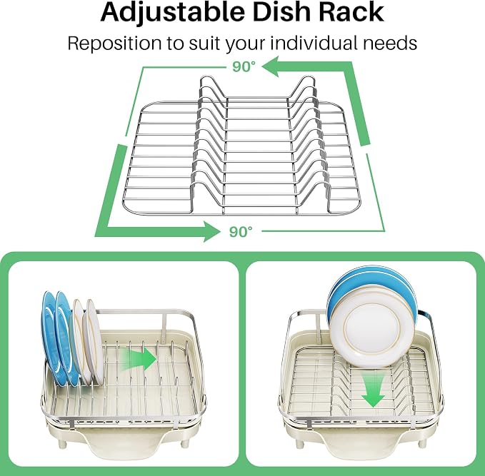 SNTD Expandable Dish Drying Rack for Kitchen Counter, 15.2-22.1 in, Beige | Rust-Resistant Stainless Steel, Protective Side Rails, Self-Draining Drainboard, Removable Utensil Holder - Image 7