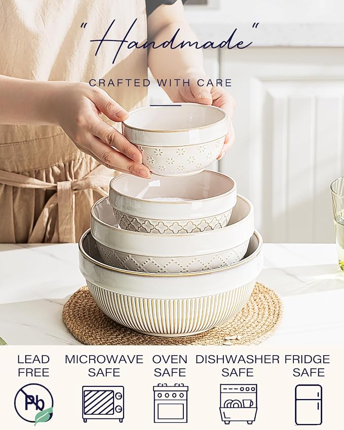 getstar Large Serving Bowls Set of 4, 12/26/42/64 oz Ceramic Stoneware Nesting Bowls Set, Microwave and Dishwasher Safe, Farmhouse Kitchen Versatile Prep Bowls for Fruit Salad Pasta Dessert Cereal - Image 4