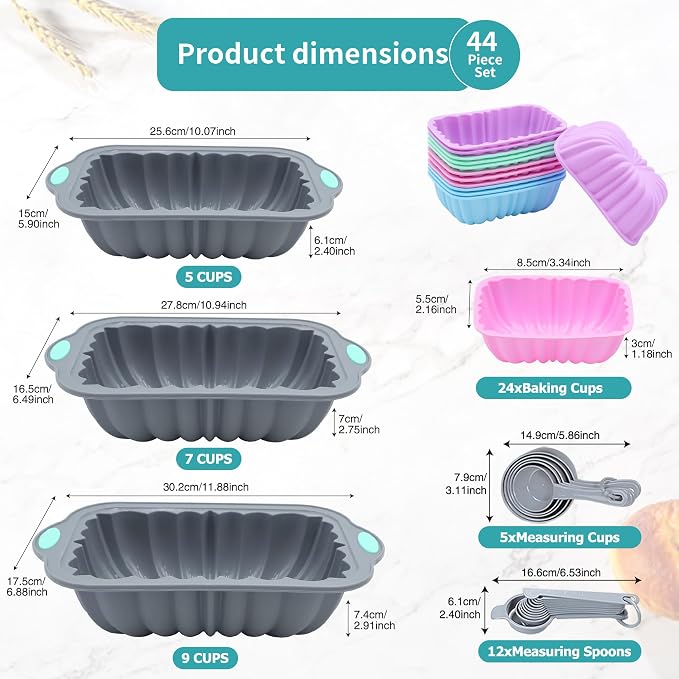 44 Pieces Silicone Cake Pan Set, 3 Sizes Silicone Fluted Bread Pan with Reusable Baking Cups, Food Grade Baking Mold for Brownie, Bread, Muffin, Light Grey - Image 6