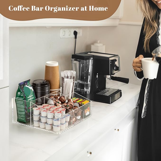 BEYGORM Acrylic Coffee Bar Station Organizer for Countertop | Coffee Gift for Coffee Lovers, Office Breakroom Storage Holder for Kcup Pod, Condiment, Cup, Tea, Creamer, Syrup (Clear) - Image 5