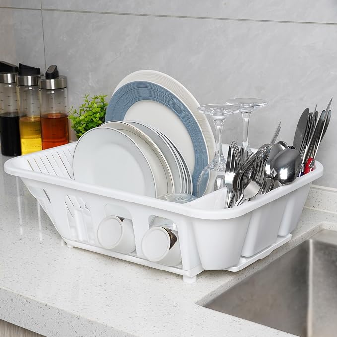 KOOMADE 2-Pack Large Dish Drying Rack for Kitchen Counter -Dish Drainer Set with Drainboard Heavy Duty Plastic Counter Organizer for Dishes, Cups, Knives, Spoons and Forks, Made in USA (White) - Image 2