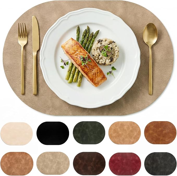 Placemats, Oval Placemats 2mm Ultra Thick Faux Leather Table Mats, Heat Resistant Waterproof Wipeable Dining Mats for Kitchen Table, Set of 8, Apricot by BIPASION
