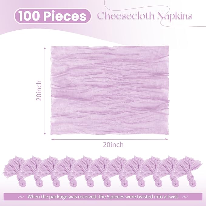 100 Pack Lavender Cloth Napkins 20x20 Inch Cheesecloth Napkins | Elegant Cloth Napkins for Table, Washable Rustic Boho Gauze Napkins, for Wedding Party Bridal Baby Shower Dinner Table Decor - Image 2