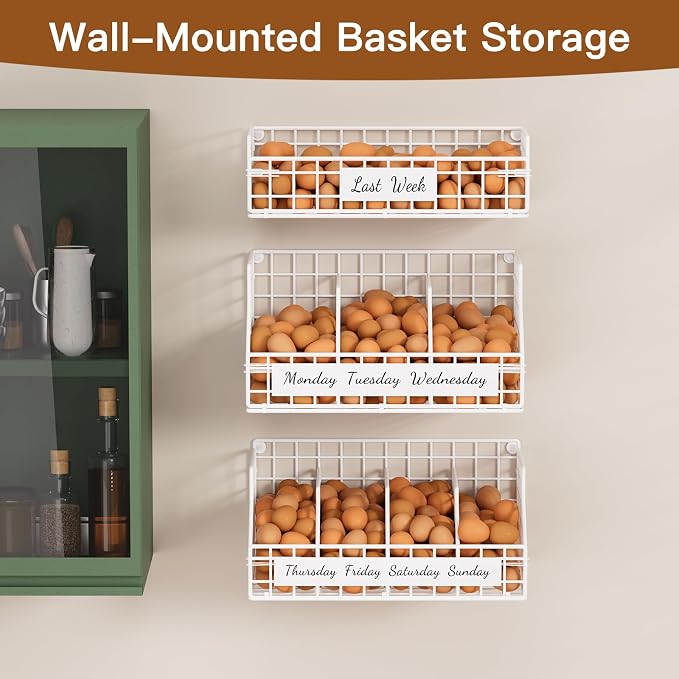 Egg Basket, Stackable Wall Mount Countertop Egg Holder with Weekday Labels | Rustproof carbon steel basket with adjustable dividers, ideal for farm eggs, backyard poultry, small kitchen & pantry storage - Image 4