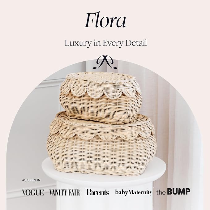 BEBE BASK The Original Scalloped Basket with Lid - Set of 2 (15x11x6 In) | Handwoven & Award Winner, Sustainable Rattan, Wicker Basket With Scalloped Edge Lid, Nursery Storage, Scallop Basket, Natural - Image 2