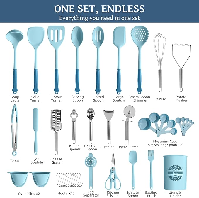 Kikcoin 43Pcs Large Kitchen Utensils Set - Silicone Cooking Utensils Set, Dishwasher Safe Spatula Set for Non-stick Cookware, 446°F Heat Resistant Kitchen Utensils Set with Holder BPA Free, Blue - Image 2