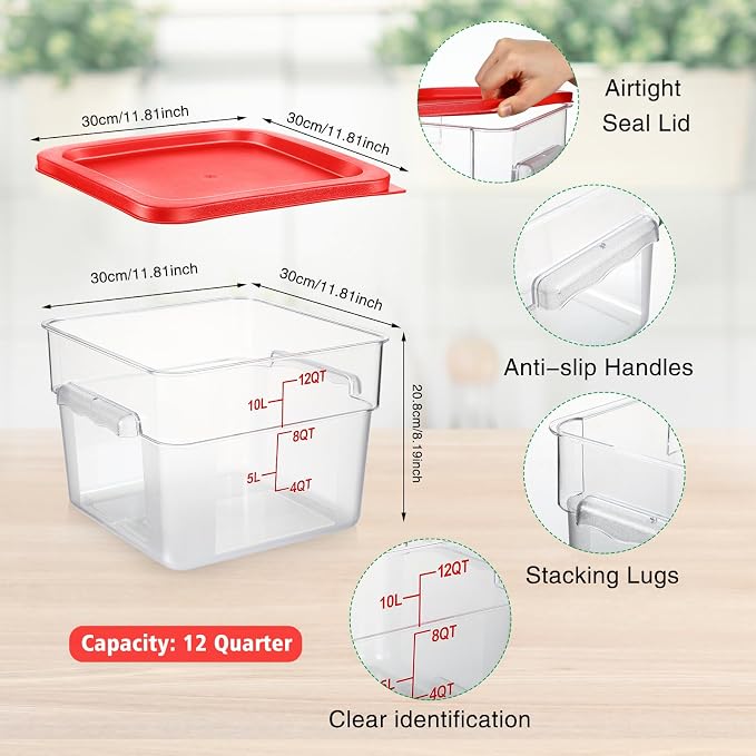 2 Pcs Square Food Storage Container Polycarbonate Clear Food Container with Lid Commercial Rice Storage with Graduations for Commercial Kitchen(12 Qt,Red) - Image 2
