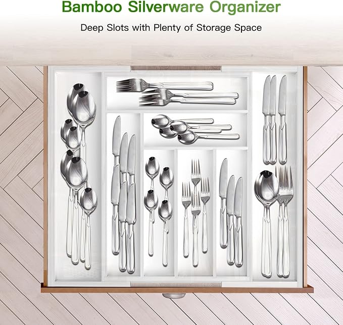 Pipishell Bamboo Expandable Drawer Organizer for Utensils Holder, Adjustable Cutlery Tray, Wood Drawer Dividers Organizer for Silverware, Flatware, Knives in Kitchen, Bedroom, Living Room (White) - Image 7