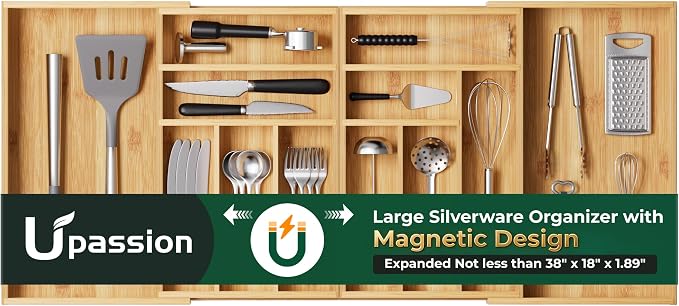 Large Silverware Organizer, 12 Slots Magnetic Connected Expandable Bamboo Utensil Drawer Organizer From 21 to 37.4 Inches, Adjustable Flatware and Cutlery Holder, Utensil Tray for Kitchen Natural by Upassion