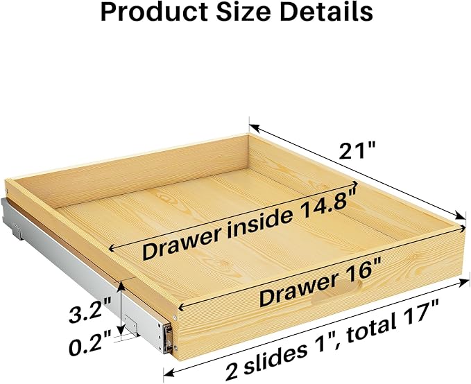 Pull Out Cabinet Organizer, Soft Close Wooden Slide Out Drawers for Pots and Pans, Full-extension Roll Out Shelves for Kitchen Cabinets, Pantry Organization, Bottom & Side Mount(17"W X 21"D x 3.4''H) - Image 2