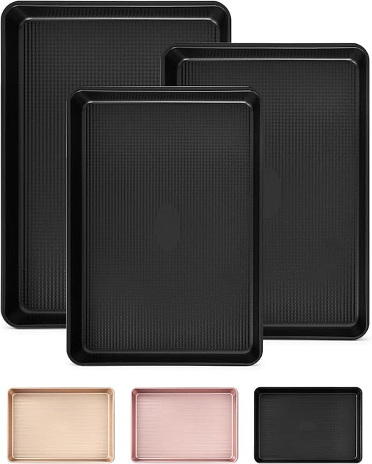 Saker 3-Piece Heavy Duty Carbon Steel Baking Sheets Set Non-Stick | | Cookie Sheets,Oven Safe, Even Heating, for Baking, Roasting, Cooking – Professional Grade (Black) by Unknown