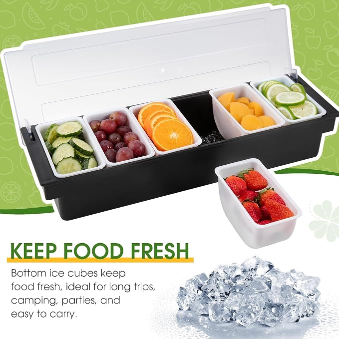 Ice Cooled Condiment Caddy with Lid, 6 Removable Bins | Ice chamber keeps toppings chilled, quick refill & easy cleaning, frosted cover, carry handles, for bars buffets parties - Image 2
