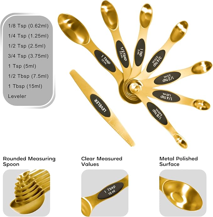 Magnetic Measuring Cups and Spoons Set, Including 7 Stainless Steel Nesting Gold Measuring Cups & 8 Magnetic Gold Measuring Spoons with 1 Leveler for Cooking & Baking - Image 4