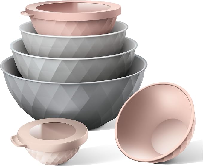 COOK WITH COLOR Mixing Bowls with Lids - 12 Piece Plastic Nesting Bowls Set includes 6 Prep Bowls and 6 Lids, Microwave Safe Mixing Bowl Set, Grey/Pink Diamond - Image 6