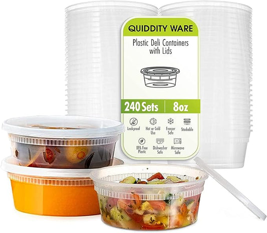 Deli Containers with Lids Leakproof - 240 Pack BPA-Free Plastic Microwaveable Clear Food Storage Container Premium Heavy-Duty Quality, Freezer & Dishwasher Safe (8oz 240 Sets) by QUIDDITY+WARE