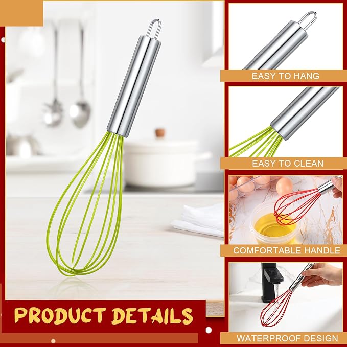FoldTier 12 Sets 10 Inch Christmas Whisks Gifts DIY Fillable Christmas Tree Ornaments Xmas Colored Silicone Whisks for Cooking Heat Resistant Egg Beaters with Card Rope Bag for Candy Holder - Image 5
