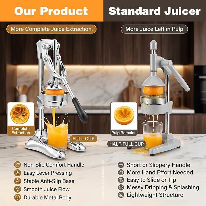 Stainless Steel Manual Citrus Juicer Heavy-Duty Lever Press | Strainer and Stable Countertop Base, Hand Juice Squeezer for Oranges, Lemons, Grapefruits, Cast Iron Juicer - Image 5