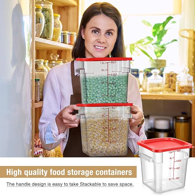 2 Pcs Square Food Storage Container Polycarbonate Clear Food Container with Lid Commercial Rice Storage with Graduations for Commercial Kitchen(8 Qt,Red) - Image 5