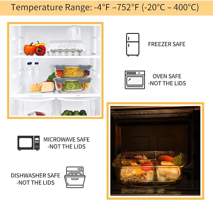 Bayco 8 Pack Glass Meal Prep Containers 3 Compartment, Glass Food Storage Containers with Lids, Airtight Lunch Bento Boxes, Leak Proof (8 lids & 8 Container) - Grey - Image 4