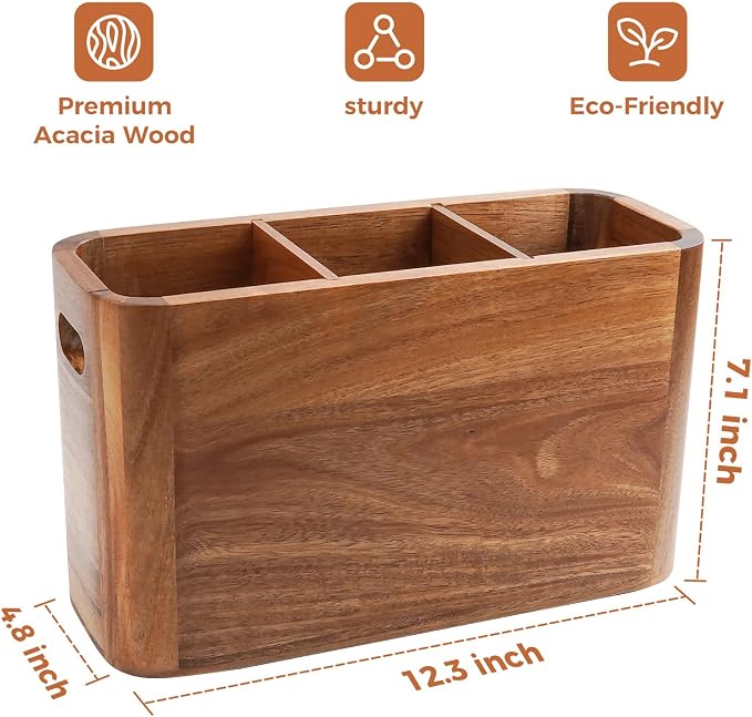 Large Acacia Wood Utensil Holder with 3 Compartments for Kitchen Counter, Extra Large Farmhouse Wooden Utensil Organizer for Cooking Tools and Silverware - Image 2