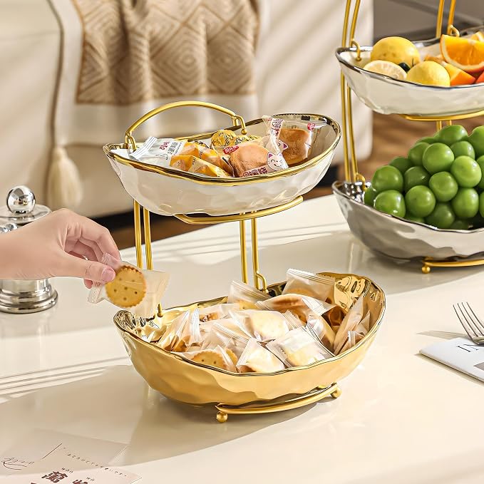 XUDREZ 2 Tier/ 3 Tier Fruit Bowl with Metal Stand for Kitchen Counter, Ceramic Gold Silver, Portable Tiered Fruit Basket Fruit Rack for Nuts, Snacks, Bread, Candy Storage (Gold, 3 Tier) - Image 7