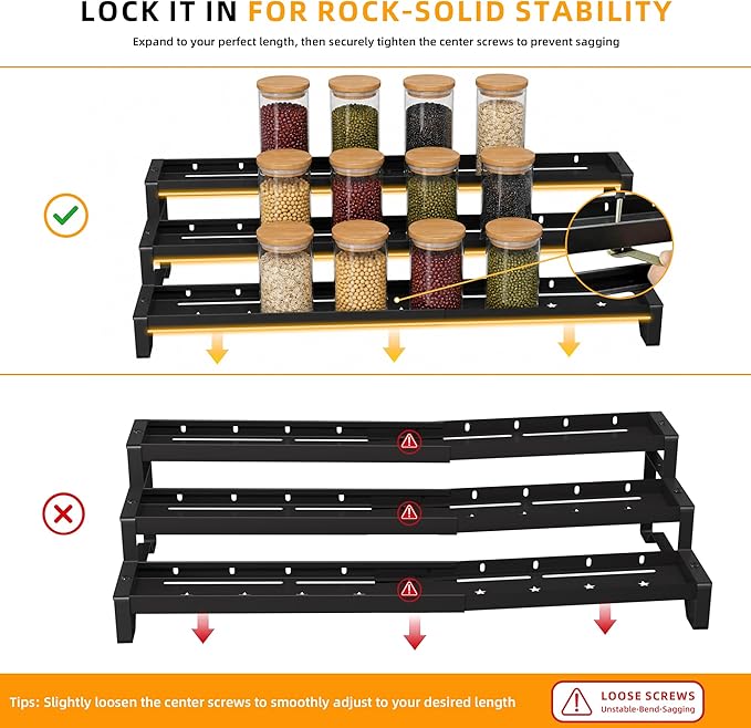 Spice Rack Organizer for Cabinet, 13-21.5" Expandable Spicy Shelf | 3-Tier Metal Seasoning Organizer, Kitchen Spice Organization, Slip-Resistant Guardrails for Jars, Bottles and Cans, Black - Image 6