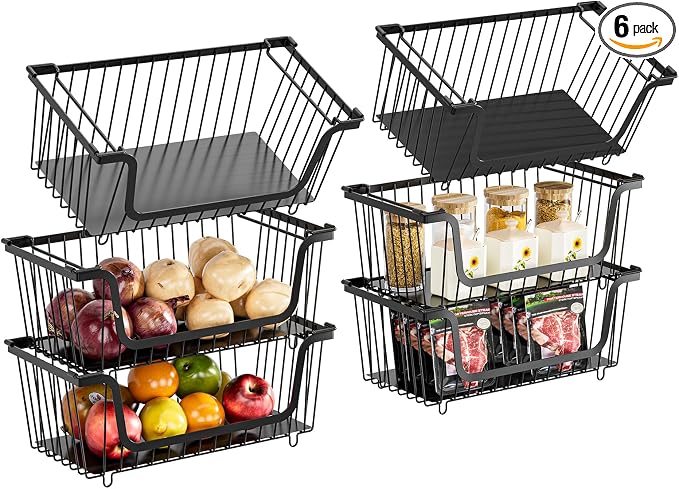 6 Pcs Stackable Wire Baskets for Pantry Organizers and Storage, | Vegetable Fruit Basket for Countertop,Kitchen Storage Metal Baskets,Produce Potato Onion Storage Bin,Black by GAOKASE