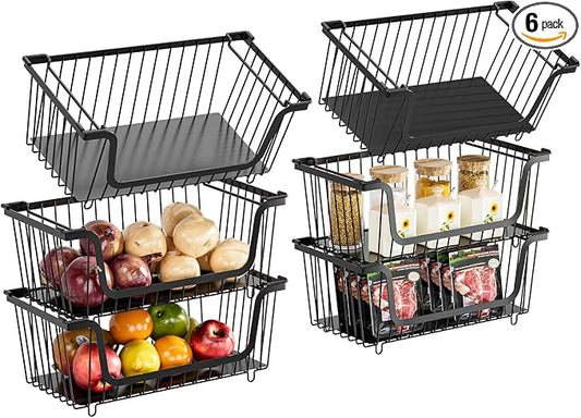6 Pcs Stackable Wire Baskets for Pantry Organizers and Storage, | Vegetable Fruit Basket for Countertop,Kitchen Storage Metal Baskets,Produce Potato Onion Storage Bin,Black by GAOKASE