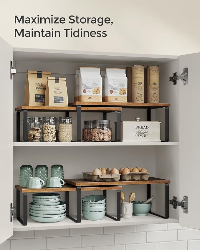 SONGMICS Cabinet Organizer Shelf, Set of 2 Kitchen Counter Shelves, Kitchen Storage, Spice Rack, Stackable, Expandable, Metal and Engineered Wood, Ink Black and Rustic Brown UKCS200X01 - Image 5