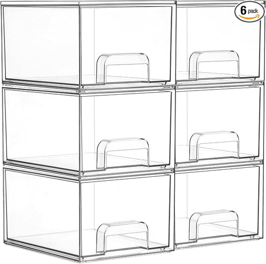 Vtopmart 6 Pack Small Clear Stackable Storage Drawers,Acrylic Bathroom Makeup Organizer,Plastic Storage Bins For Vanity, Undersink, Kitchen Cabinets, Pantry, Home Organization | Bathroom Makeup Organizer, Plastic Bins For Desk, Vanity, Undersink, Kitch... by Vtopmart