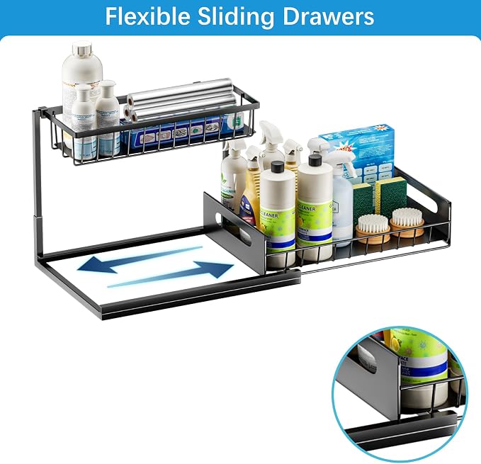 Under Sink Organizers and Storage With 4 Hooks - 2 Tier Pull Out Sink Shelf Cabinet Storage Shelves, L-Shape Under Sink Organizer for Kitchen & Bathroom Cabinet - Image 3