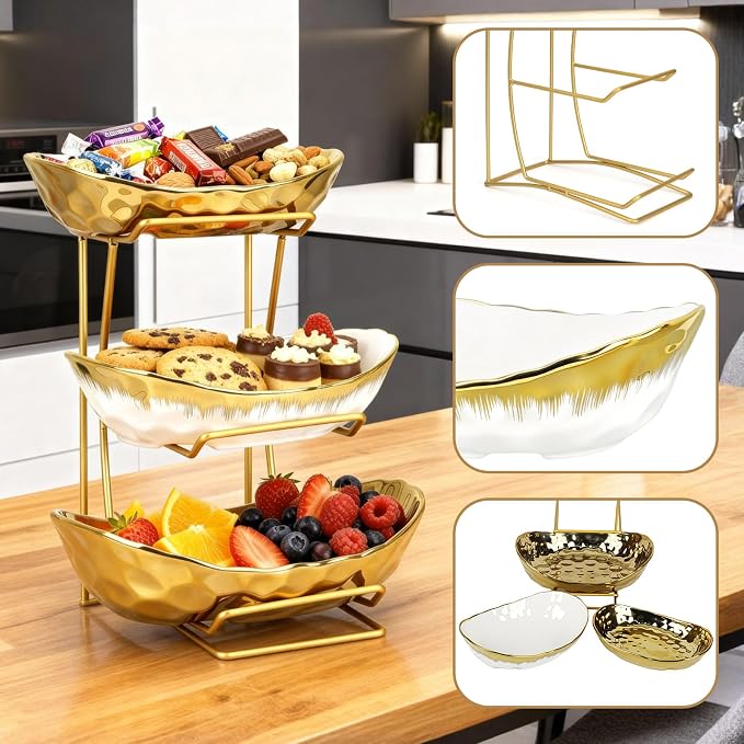 3 Tier Ceramic Fruit Bowl for Kitchen Counter,Fruit Basket with Metal Stand | Serving Tray for Snacks Nuts Cakes Desserts Bread Candy Vegetable,Decorative Storage for Party Wedding Home - Image 3