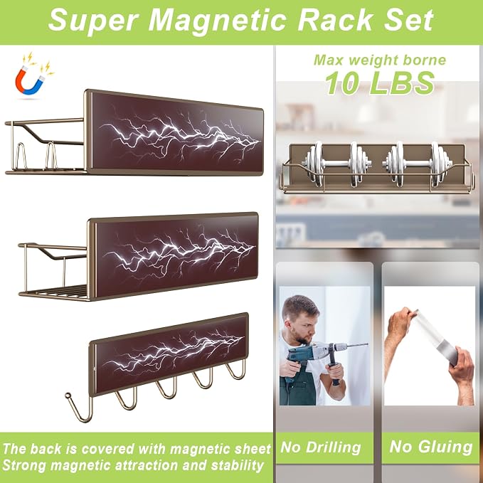 Magnetic Spice Rack for Refrigerator, 5 Pack Metal Strong Magnet Spice Organizer Shelves with Hook Rack, Space Saving Magnetic Fridge Shelf for Home Kitchen Organization and Storage (Brown) - Image 4