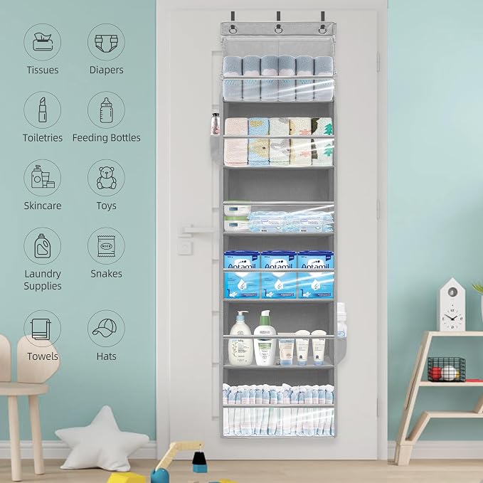 Over Door Organizer with 6 Extra Large Pockets 12 Side Pockets, Sturdy Closet Storage Rack, Hanging Storage Organizer with Clear Window for Shoes, Diaper, Bedroom, Bathroom, Grey, 4-Pack - Image 4