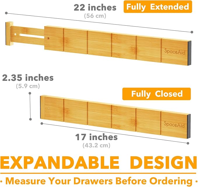 SpaceAid Bamboo Drawer Dividers with Inserts and Labels, Kitchen Adjustable Drawer Organizers, Expandable Organization for Home, Office, Dressers, 10 Dividers with 24 Inserts (17"-22" Natural) - Image 4