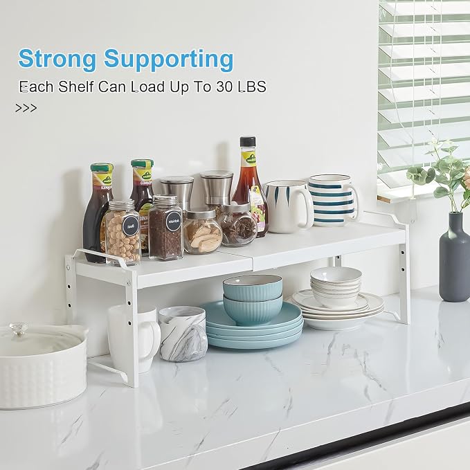 Set of 2 Expandable Kitchen Cabinet Shelves Organizers, Stackable Adjustable Small Storage Shelf Rack Stand For Pantry Cabinet Cupboard Kitchen Counter Organization, 22 lbs Capacity, Length:20.5" - Image 4