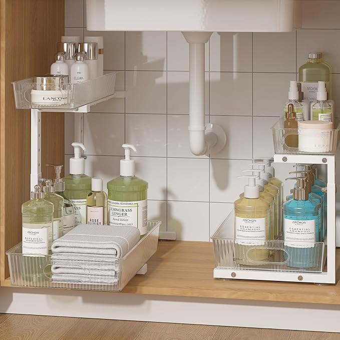 ADRIMER Under Sink Organizer 2 Packs, Pull Out Kitchen Sink Organizer, 2 Tier Slide Out Kitchen Organizers and Storage Bathroom Under Cabinet Storage Shelf, Transparent & White by Adrimersdreamistobeanindispensablecompanioninyourlife