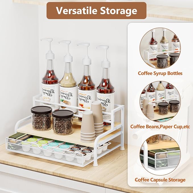 Coffee Syrup Rack Organizer, 3-Tier with 35 K-Cup Pod Holder Drawer | White Metal Rack for 8 Syrup Bottles,Countertop Bottle Holder Stand for Wine,Space-Saving Design for Kitchen Cafe Station - Image 5