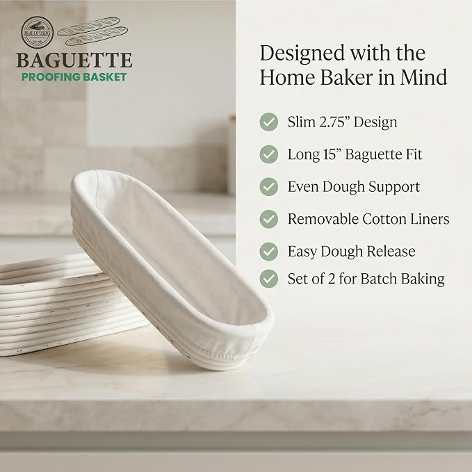 15 Inch Baguette Proofing Basket Set of 2 for Sourdough & French Bread | Handwoven rattan banneton with removable cotton liners; shapes & rises dough before baking; recipe eBook included - Image 7