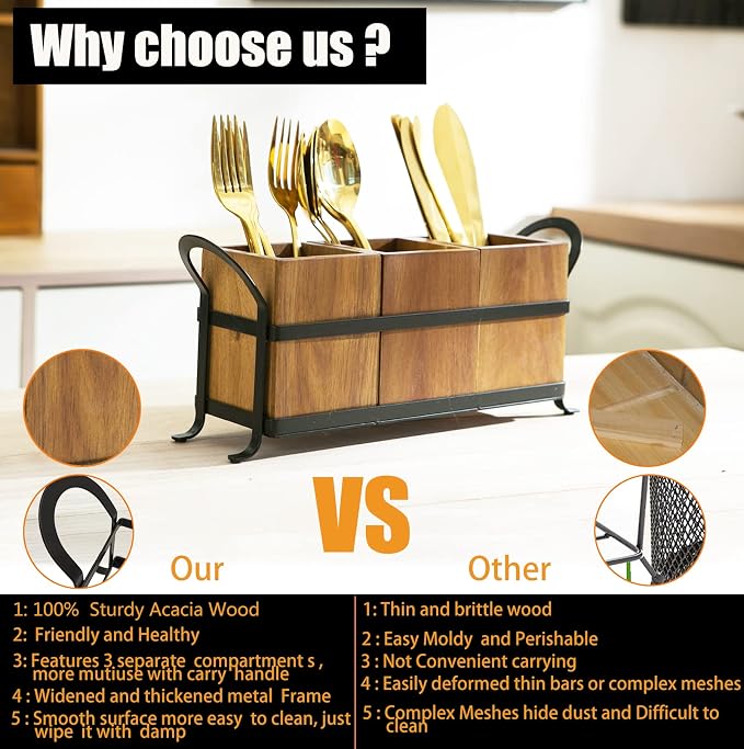 NelyBet Utensil Caddy Silverware Cutlery Holder with 3 Compartment, Wooden Utensil Crock Flatware Organizers with Metal Tray, Rustic Kitchen Utensil Organizers for Farmhouse Kitchen and Countertop - Image 4
